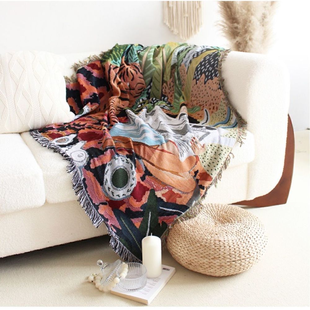 Boho Vibes Tiger and Woman Reading Woven Jacquard Throw Blanket Tapestry - Picture 6 of 6